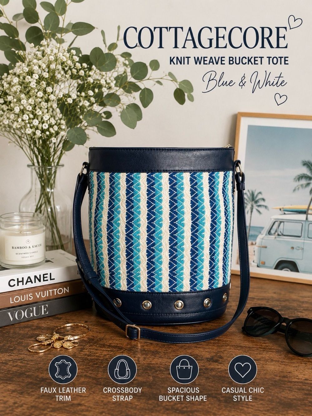 Cottagecore Knit Weave Blue White Faux Leather Bucket Tote Bag Crossbody Purse